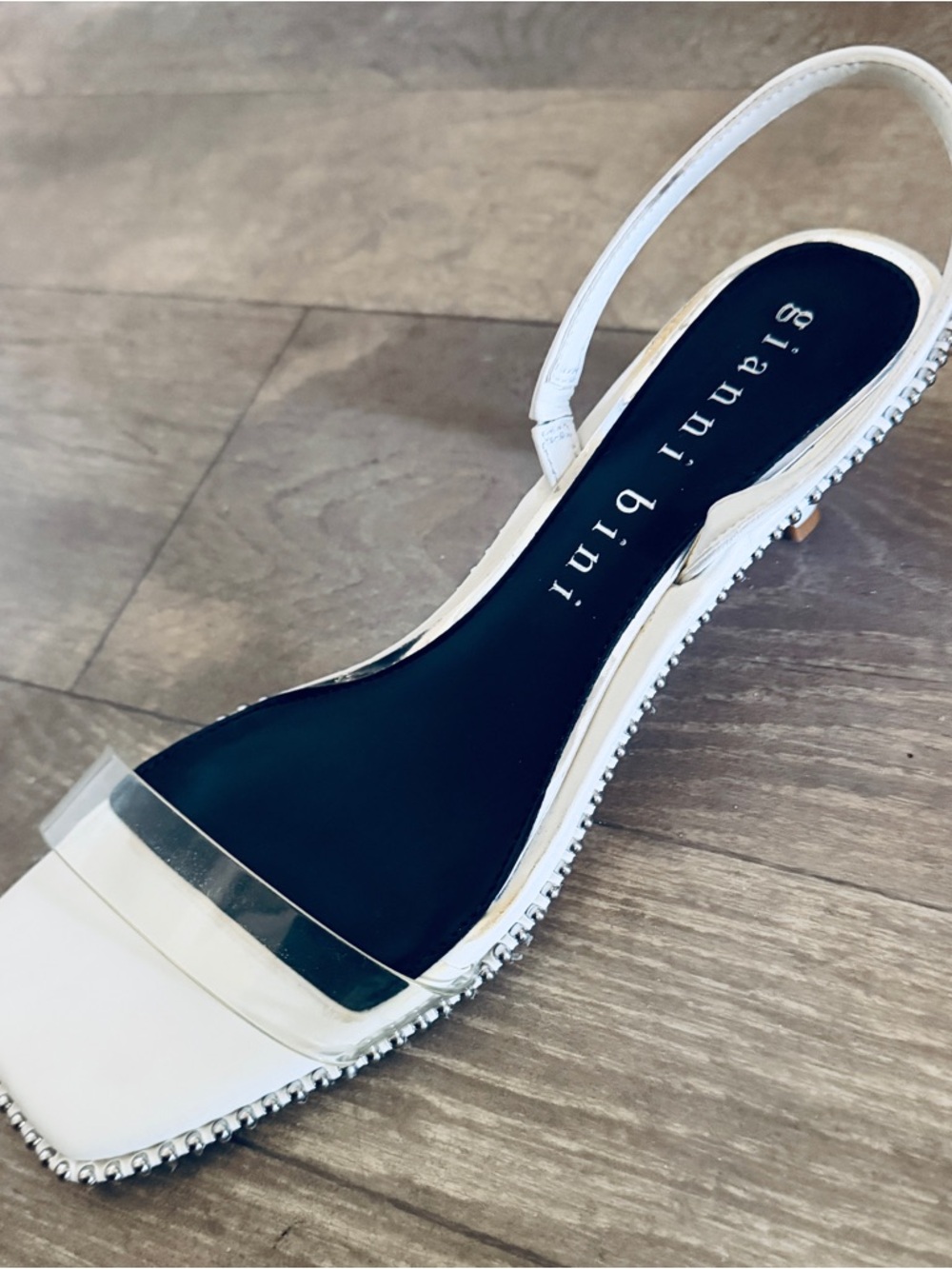 Gianni Bini White Slingback Sandal with Silver Beading and Clear Toe Strap